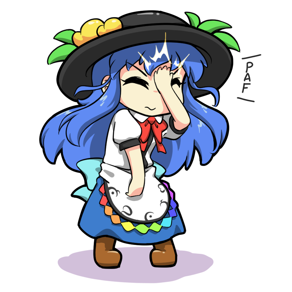 1girl bangs black_headwear blouse blue_hair blue_skirt bow bowtie closed_eyes english_commentary eyebrows_visible_through_hair facepalm food fruit full_body hinanawi_tenshi leaf long_hair peach puffy_short_sleeves puffy_sleeves rakkidei red_bow red_neckwear short_sleeves simple_background skirt solo standing touhou v-shaped_eyebrows white_background white_blouse