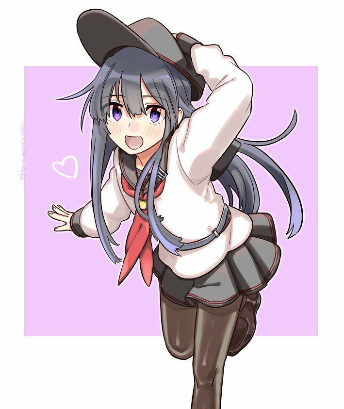 1girl akatsuki_(kancolle) bangs black_headwear black_legwear black_skirt blue_hair blush commentary eyebrows_visible_through_hair flat_cap hair_between_eyes hand_on_headwear hat heart kantai_collection leg_up long_hair long_sleeves neckerchief open_mouth pantyhose pleated_skirt purple_eyes red_neckwear sagamiso sailor_collar school_uniform serafuku simple_background skirt solo two-tone_background