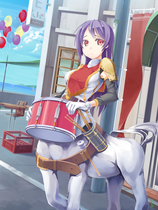 1girl armor balloon band_uniform bangs belt black_sleeves blue_sky breasts brown_belt building centaur chair closed_mouth cloud commentary_request cowboy_shot crate day detached_sleeves drumsticks gloves hair_between_eyes holding holding_instrument horse_tail instrument long_hair looking_at_viewer medium_breasts monster_girl ms-07-b3 multiple_legs ocean original outdoors pauldrons purple_hair red_eyes shirt shoulder_armor sidelocks sign single_pauldron sky sleeveless sleeveless_shirt snare_drum solo standing standing_on_three_legs table tail taur utility_pole white_gloves white_shirt window
