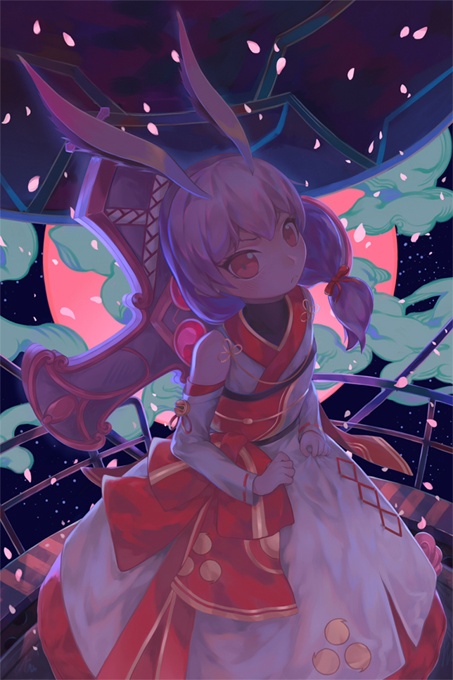 1girl animal_ears bangs bare_shoulders closed_mouth cloud cloudy_sky cross_(weapon) fox_ears hair_between_eyes honkai_(series) honkai_impact_3rd indoors japanese_clothes kimono kuto_(kuroto) looking_at_viewer moon night night_sky petals pink_eyes pink_hair pink_moon sky solo theresa_apocalypse theresa_apocalypse_(sakura_rondo) weapon