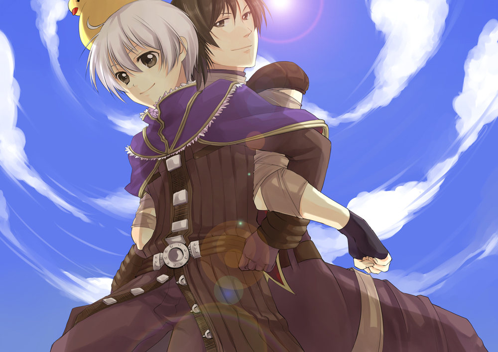 2boys alchemist_(ragnarok_online) animal_on_head armor assassin_(ragnarok_online) back-to-back bandages bangs bird bird_on_head blue_cape blue_sky brown_coat brown_eyes brown_gloves brown_hair brown_pants cape closed_mouth cloud coat commentary_request cowboy_shot eyebrows_visible_through_hair gloves hair_between_eyes lens_flare locked_arms long_sleeves looking_at_viewer multiple_boys on_head pants pauldrons purple_pants purple_shirt ragnarok_online red_cape sasai_saki shirt short_hair shoulder_armor sky sleeveless sleeveless_shirt smile two-sided_cape two-sided_fabric white_hair yaoi