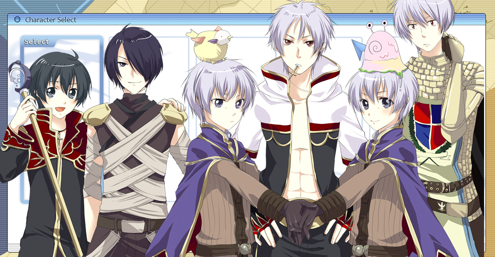 6+boys :d abs alchemist_(ragnarok_online) armor assassin_(ragnarok_online) bandages bangs belt bird bird_on_hand black_coat black_eyes black_gloves black_hair black_pants black_shirt blue_cape brown_belt brown_coat brown_eyes brown_gloves brown_pants cape chainmail championship_belt character_select closed_mouth coat commentary_request cowboy_shot cross cross_necklace emblem fingerless_gloves gauntlets gloves grey_hair hair_between_eyes hair_over_one_eye holding holding_hands holding_staff hooded_coat interlocked_fingers jewelry knight_(ragnarok_online) long_sleeves looking_at_viewer monk_(ragnarok_online) mouth_hold multiple_boys necklace open_clothes open_coat open_mouth pants pauldrons priest_(ragnarok_online) ragnarok_online red_cape red_coat sasai_saki shirt short_hair short_sleeves shoulder_armor siblings sleeveless sleeveless_shirt smile staff tabard twins two-sided_cape two-sided_fabric two-tone_coat vanilmirth_(ragnarok_online) white_coat