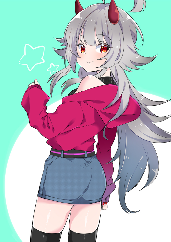 1girl ahoge alternate_costume azur_lane commentary_request grey_hair hibiki_(azur_lane) hood hoodie horns long_hair long_sleeves looking_at_viewer miniskirt off_shoulder oni_horns open_mouth pone red_eyes skirt smile solo sweater thighhighs