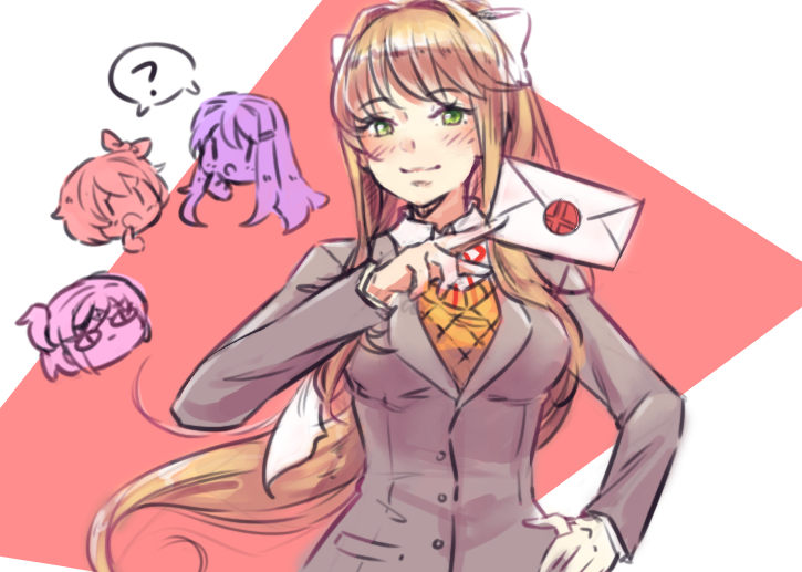 bangs blazer blue_skirt blush bow breasts brown_hair card doki_doki_literature_club eyebrows_visible_through_hair glitch green_eyes grey_jacket hair_bow hair_ornament hair_ribbon hairclip jacket lithety long_hair looking_at_viewer monika_(doki_doki_literature_club) natsuki_(doki_doki_literature_club) open_mouth orange_vest ponytail ribbon sayori_(doki_doki_literature_club) school_uniform skirt smash_invitation smile super_smash_bros. very_long_hair vest white_ribbon yuri_(doki_doki_literature_club)