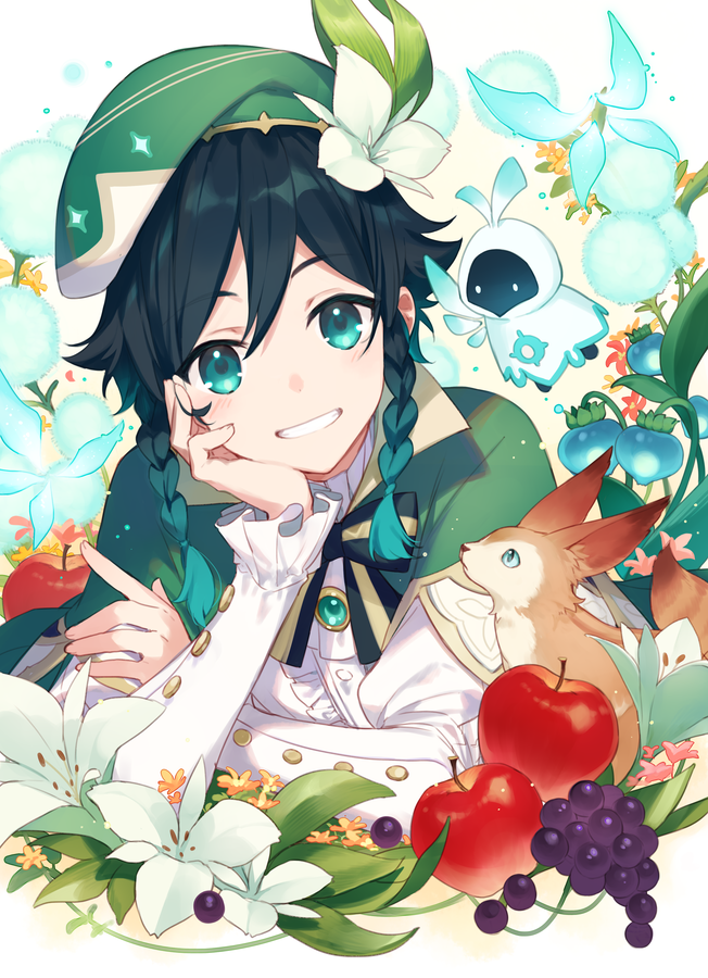 1boy androgynous animal apple asahikawa_hiyori bangs barbatos_(genshin_impact) beret black_hair blue_hair blush bow braid brooch bug butterfly cape cloak collared_cape commentary_request dandelion detached_wings elemental_(creature) eyebrows_visible_through_hair flower food fox frilled_sleeves frills fruit gem genshin_impact gradient_hair grapes green_eyes green_headwear grin hair_flower hair_ornament hand_on_own_cheek hand_on_own_face hat hood hood_up hooded_cloak insect jewelry leaf light_particles long_sleeves looking_at_viewer male_focus multicolored_hair open_mouth red_flower shirt short_hair_with_long_locks slit_pupils smile spirit teeth twin_braids venti_(genshin_impact) white_background white_flower white_shirt wings