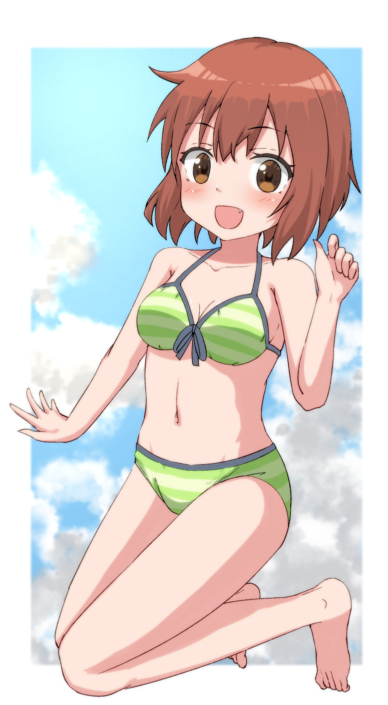 1girl :d bangs bare_arms bare_legs bare_shoulders barefoot bikini blush breasts brown_eyes brown_hair cleavage collarbone day eyebrows_visible_through_hair fang front-tie_bikini front-tie_top full_body green_bikini hair_between_eyes hand_up highres hippo_(hirople) inokuma_youko kin-iro_mosaic looking_at_viewer medium_breasts navel open_mouth smile solo striped striped_bikini swimsuit