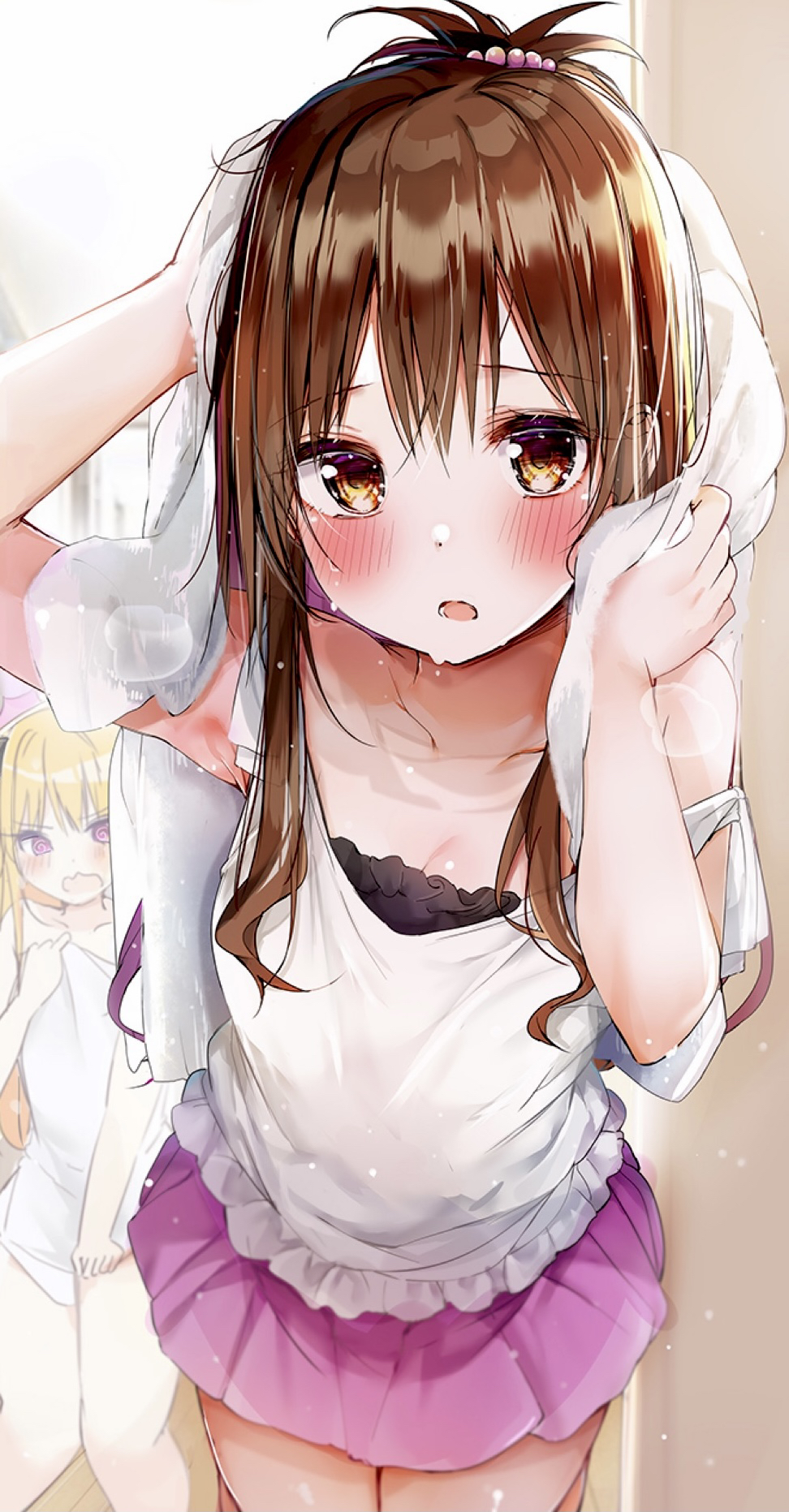2girls blonde_hair blush breasts brown_eyes brown_hair cleavage collarbone commentary_request eyebrows_visible_through_hair hair_bobbles hair_ornament highres konjiki_no_yami long_hair multiple_girls naked_towel open_mouth pink_skirt rouka_(akatyann) shirt skirt sleeveless sleeveless_shirt small_breasts thighs to_love-ru to_love-ru_darkness towel towel_on_head wet wet_clothes wet_shirt white_shirt yuuki_mikan