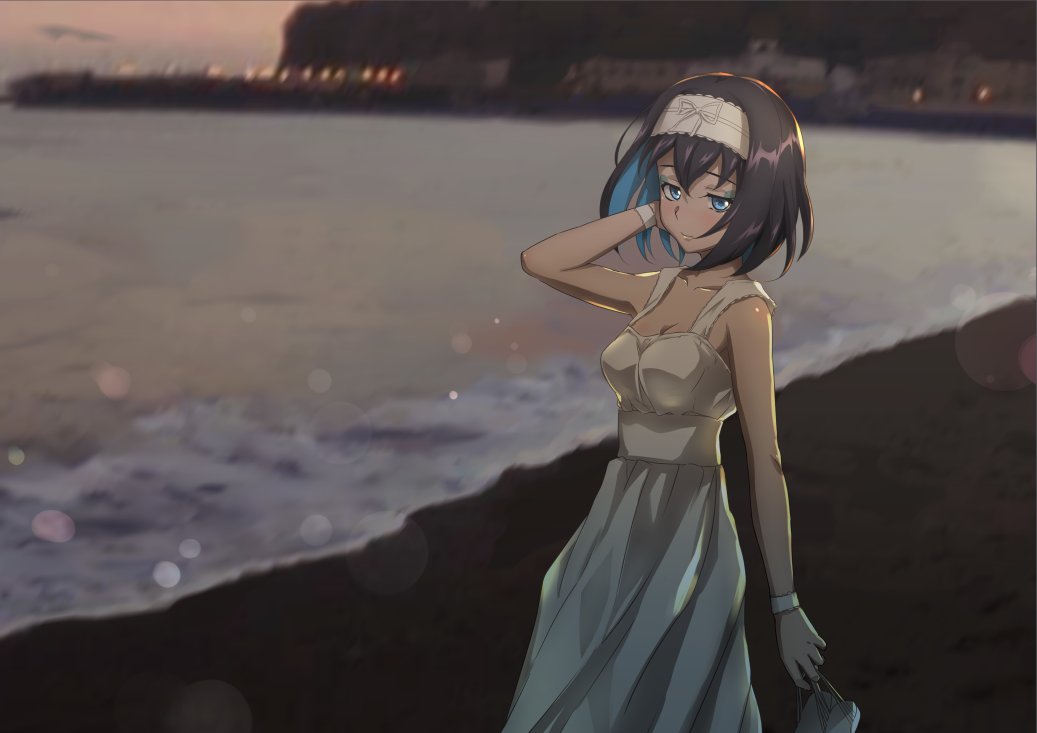 1girl bare_shoulders beach black_hair blue_eyes blue_hair blush breasts cleavage closed_mouth collarbone colored_inner_hair dress fujikawa_daichi garie_tuman looking_at_viewer multicolored_hair ocean outdoors senki_zesshou_symphogear shiny shiny_hair short_hair small_breasts smile solo standing sundress white_dress