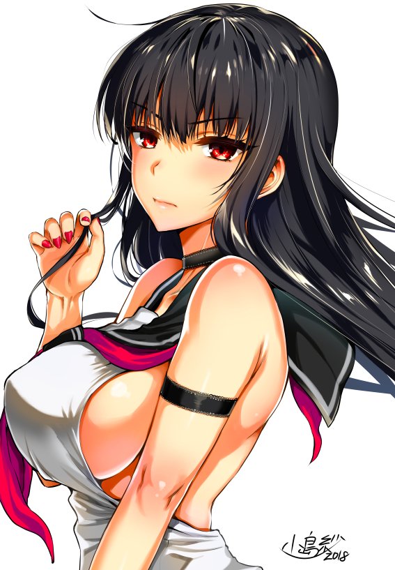 1girl armband bare_shoulders black_choker black_hair black_sailor_collar blush breasts choker closed_mouth dated fingernails from_side frown hand_up kojima_saya large_breasts long_hair looking_at_viewer looking_to_the_side original red_eyes red_sailor_collar sailor_collar school_uniform serafuku shirt sideboob signature simple_background solo upper_body white_background white_shirt