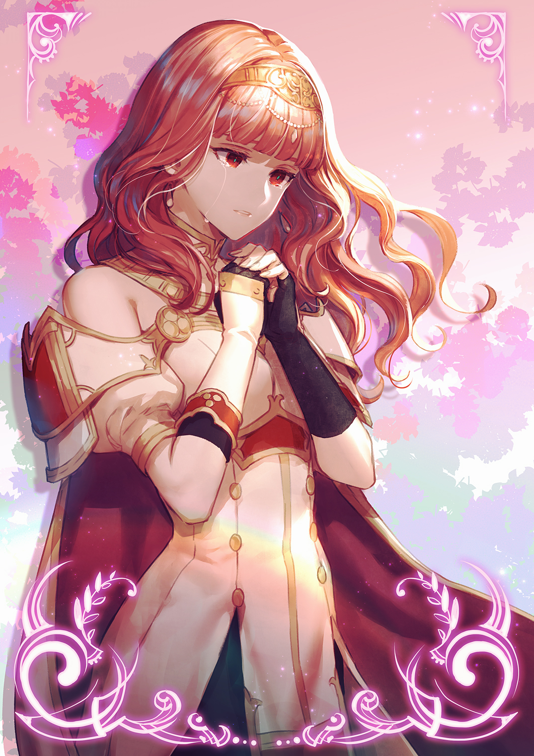 armlet armor arms_up bangs blunt_bangs breastplate cape celica_(fire_emblem) coat commentary_request cowboy_shot detached_sleeves earrings fire_emblem fire_emblem_echoes:_shadows_of_valentia fire_emblem_gaiden furikawa_arika gold_trim hair_ornament high_collar highres jewelry leaf leaf_background long_hair looking_away open_mouth pink_background red_cape red_eyes red_hair sad sidelocks teardrop tears tiara white_coat