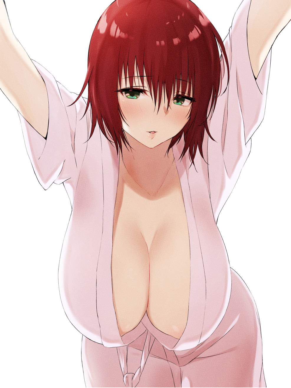 1girl arms_up bangs blush breasts brown_hair cleavage eyebrows_visible_through_hair eyelashes green_eyes hair_between_eyes highres huge_breasts leaning_forward looking_at_viewer medium_hair mikado_ryouko murio parted_lips robe shiny shiny_hair simple_background smile solo to_love-ru white_background