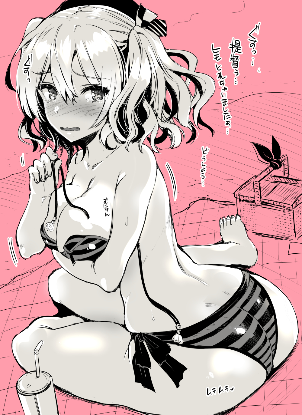 1girl alternate_costume ass bare_arms bare_legs bare_shoulders barefoot beret bikini blush breast_hold breasts cleavage collarbone dated drink drinking_straw from_behind hat highres kantai_collection kashima_(kancolle) kojima_saya large_breasts looking_at_viewer looking_back monochrome nose_blush parted_lips picnic_basket signature solo striped striped_bikini sweat swimsuit tears translated twintails untied untied_bikini wardrobe_malfunction wavy_mouth