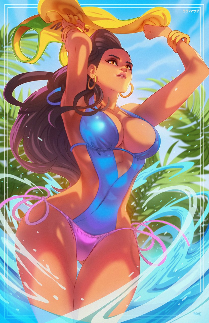 1girl armpits arms_up ass_visible_through_thighs asymmetrical_hair bangle black_hair blue_swimsuit bracelet brazilian breasts brown_eyes cleavage cornrows dark_skin edwin_huang english_commentary highres jersey jewelry large_breasts laura_matsuda long_hair multicolored multicolored_clothes multicolored_swimsuit official_alternate_costume pink_lips pink_swimsuit shirt_removed side-tie_swimsuit slender_waist solo sportswear strap_gap street_fighter street_fighter_v swimsuit thigh_gap very_dark_skin wading water
