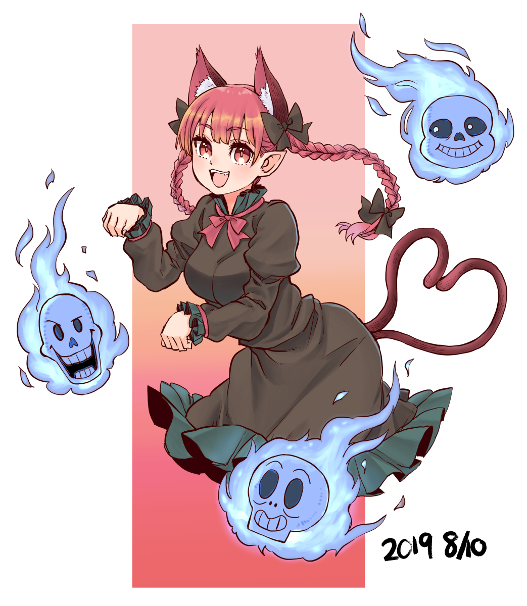 1girl :d animal_ear_fluff animal_ears blush braid breasts cat_ears cat_tail dress green_dress highres hitodama kaenbyou_rin multiple_tails natsushiro nekomata open_mouth papyrus_(undertale) paw_pose red_eyes red_hair sans skull smile solo tail touhou twin_braids twintails two_tails undertale