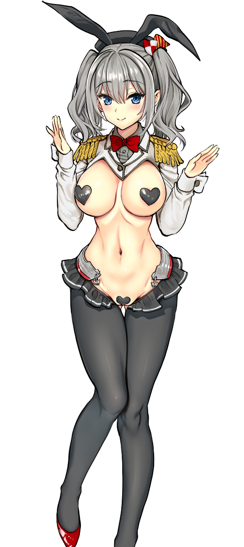 1girl animal_ears ass_visible_through_thighs black_headwear blue_eyes blush bow bowtie breasts bunny_ears bunny_pose c-string closed_mouth epaulettes grey_hair grey_legwear hands_up hat heart_pasties kantai_collection kashima_(kancolle) knees_together_feet_apart kojima_saya large_breasts long_sleeves looking_at_viewer meme_attire navel pantyhose pasties playboy_bunny red_bow red_neckwear reverse_bunnysuit reverse_outfit shrug_(clothing) simple_background smile solo strapless_bottom thigh_gap twintails white_background wrist_cuffs