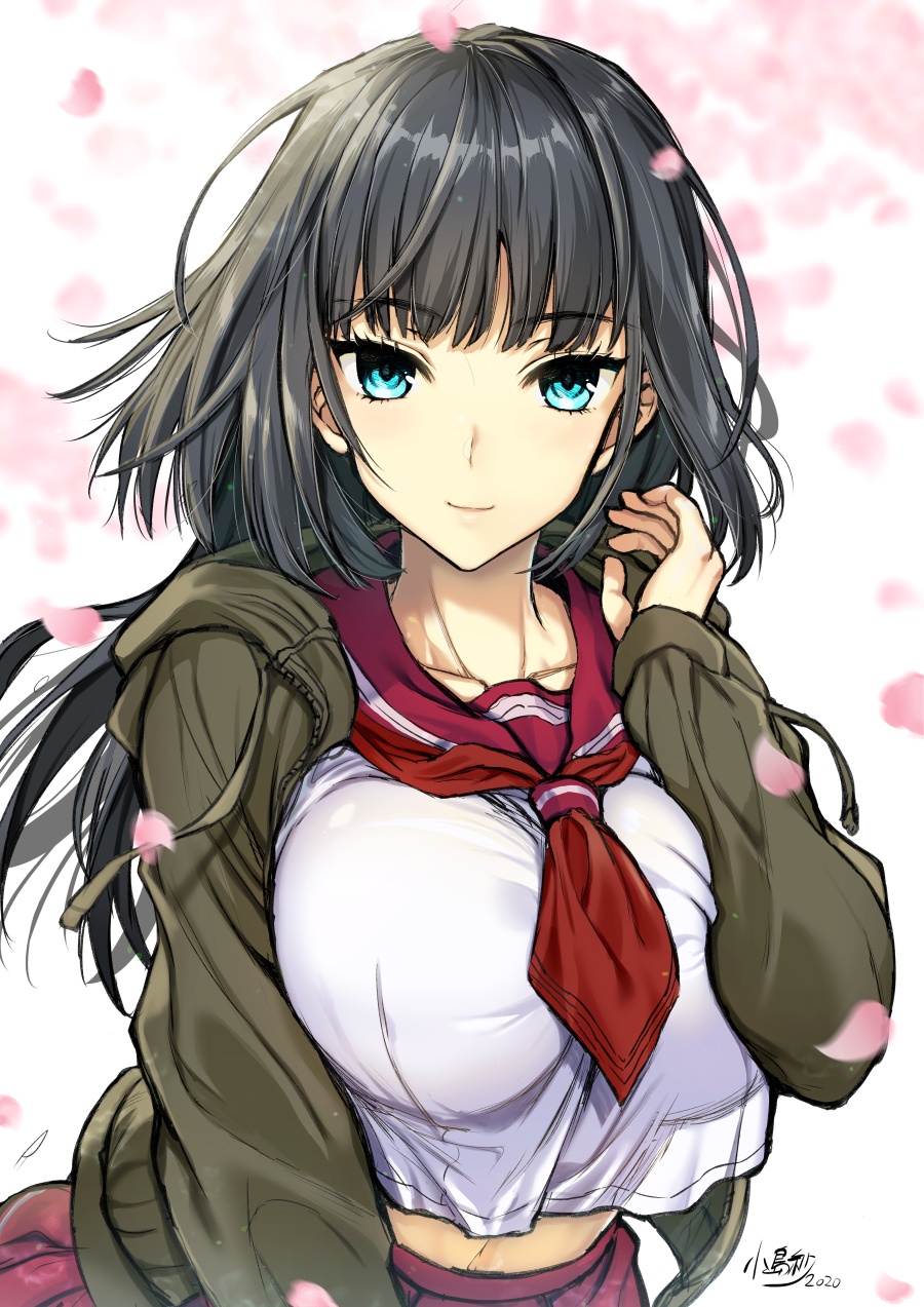 1girl black_hair blue_eyes brown_jacket cherry_blossoms closed_mouth dated highres hood hood_down hooded_jacket jacket kojima_saya long_hair looking_at_viewer necktie open_clothes open_jacket original pink_sailor_collar pink_skirt pleated_skirt red_neckwear sailor_collar short_necktie signature skirt smile solo