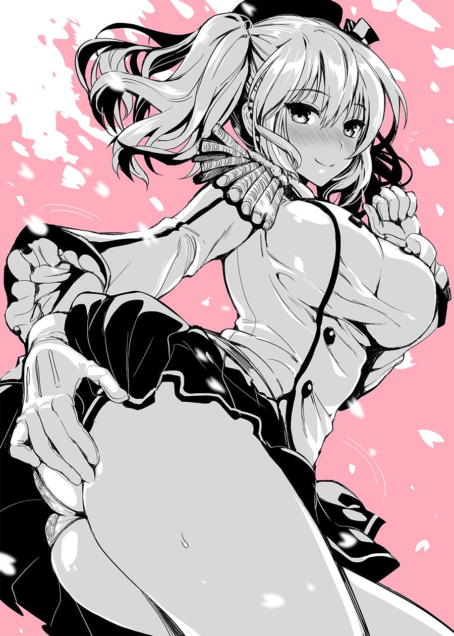 1girl 2016 ass bent_over beret blush breasts epaulettes frilled_sleeves frills gloves hat highres kantai_collection kashima_(kancolle) kerchief kojima_saya large_breasts long_sleeves looking_at_viewer military military_uniform miniskirt monochrome nose_blush panties pink_background pleated_skirt sidelocks signature skirt smile solo sweat translated twintails two_side_up underwear uniform upskirt wavy_hair