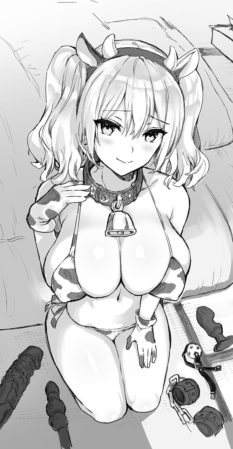 1girl animal_ears ball_gag bell bikini blush breasts butt_plug closed_mouth collared_shirt covered_nipples cowbell cuffs dildo eyebrows_visible_through_hair fake_animal_ears fake_horns futon gag gag_removed gloves greyscale hairband hand_on_lap hand_up highres horns kantai_collection kashima_(kancolle) kojima_saya large_breasts looking_at_viewer monochrome navel neck_bell seiza sex_toy shirt sitting smile solo swimsuit tissue_box twintails