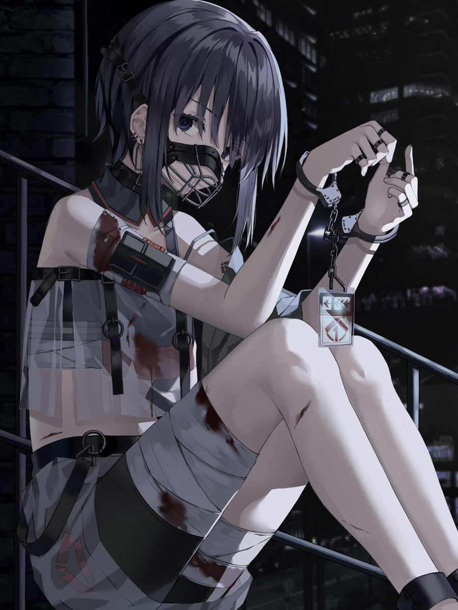 1girl bandaged_arm bandaged_leg bandages bangs bare_shoulders bike_shorts black_hair black_shorts blood bloody_bandages blue_eyes commentary_request cuffs eyebrows_visible_through_hair feet_out_of_frame hair_between_eyes handcuffs highres knees_up looking_at_viewer muzzle original ruda_(ruda_e) short_shorts shorts sidelocks sitting skirt solo white_skirt