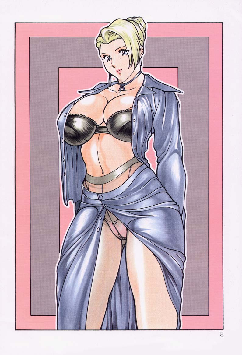 artist_request blonde_hair blue_eyes bra breasts collarbone crotch_seam curvy earrings huge_breasts jewelry lingerie lips mature_(kof) navel open_clothes open_shirt panties panties_under_pantyhose pantyhose shirt snk solo the_king_of_fighters thighs unbuttoned underwear wide_hips