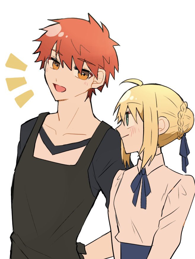 1boy 1girl ahoge apron artoria_pendragon_(all) bangs blonde_hair blouse blush emiya_shirou fate/stay_night fate_(series) green_eyes hair_bun hair_ornament looking_at_another open_mouth orange_eyes orange_hair oshisyoo999o ribbon saber simple_background smile white_background white_blouse