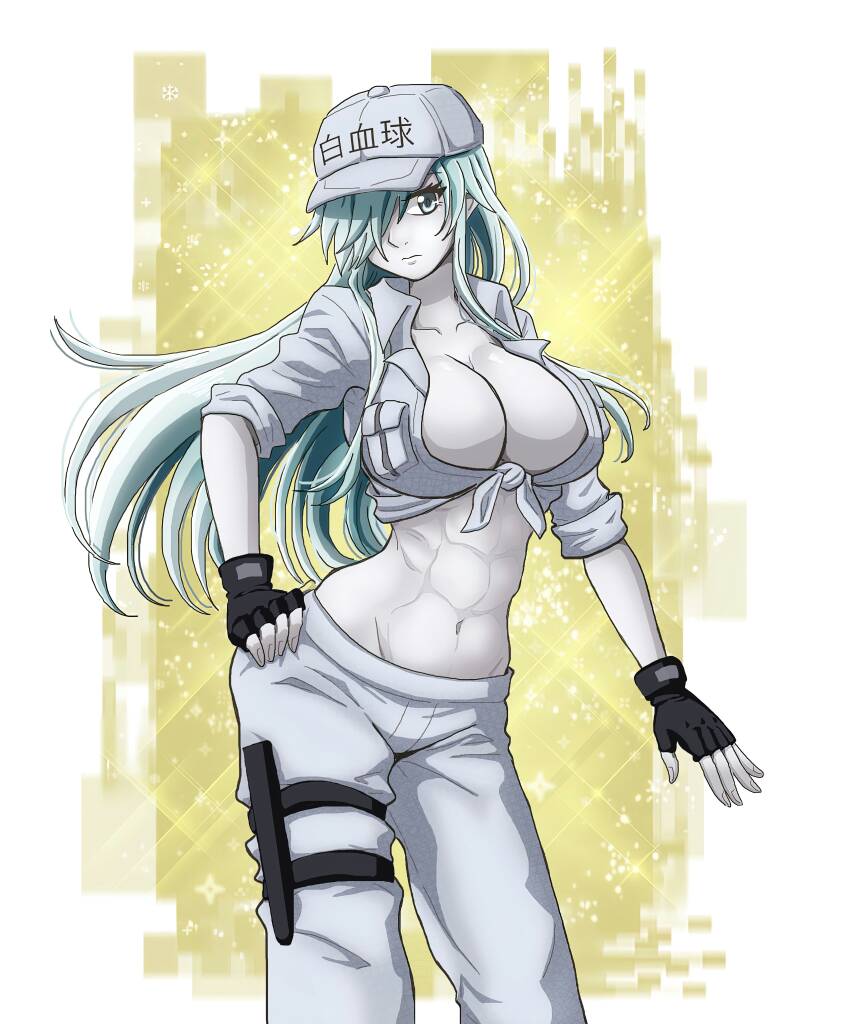 abs collared_coat colored_skin commission employee_uniform front-tie_top hataraku_saibou hataraku_saibou_black holster midriff navel neutrophil rangertycho2077 silver_hair simple_background sleeves_rolled_up thigh_holster u-1196 uniform white_blood_cell_(hataraku_saibou) white_hair white_skin