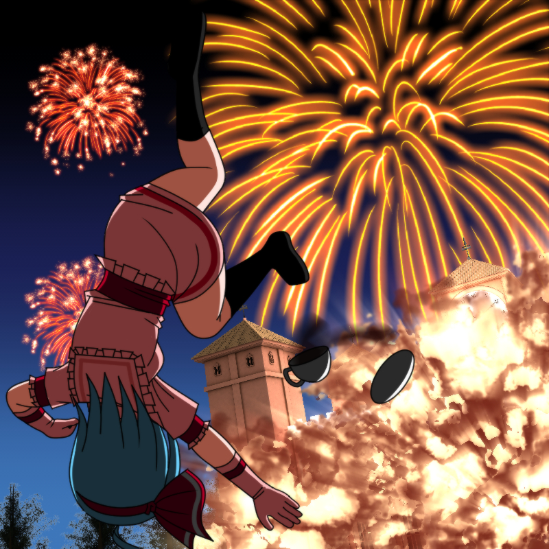 1girl arm_up belt black_legwear blue_hair clock clock_tower collared_shirt commentary commentary_request cross cup dish elbow_gloves explosion fireworks frilled_shirt_collar frilled_sleeves frills from_behind full_body gloves hair_ribbon hand_up leg_up miniskirt night no_headwear no_shoes outdoors puffy_short_sleeves puffy_sleeves red_belt red_ribbon remilia_scarlet ribbon scarlet_devil_mansion shirt short_hair short_sleeves skirt solo teacup the_embodiment_of_scarlet_devil thighhighs touhou tower tree user_fnsw5238 white_gloves window zettai_ryouiki