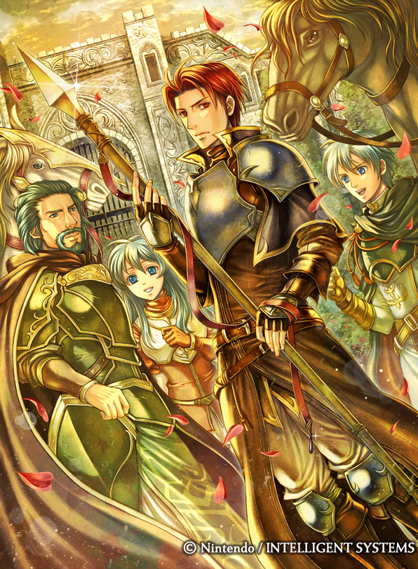 1girl 3boys beard blue_hair castle company_name eirika_(fire_emblem) ephraim_(fire_emblem) facial_hair fado_(fire_emblem) fire_emblem fire_emblem_cipher holding holding_lance holding_polearm holding_weapon horse lance multiple_boys official_art polearm red_hair seth_(fire_emblem) takaya_tomohide weapon