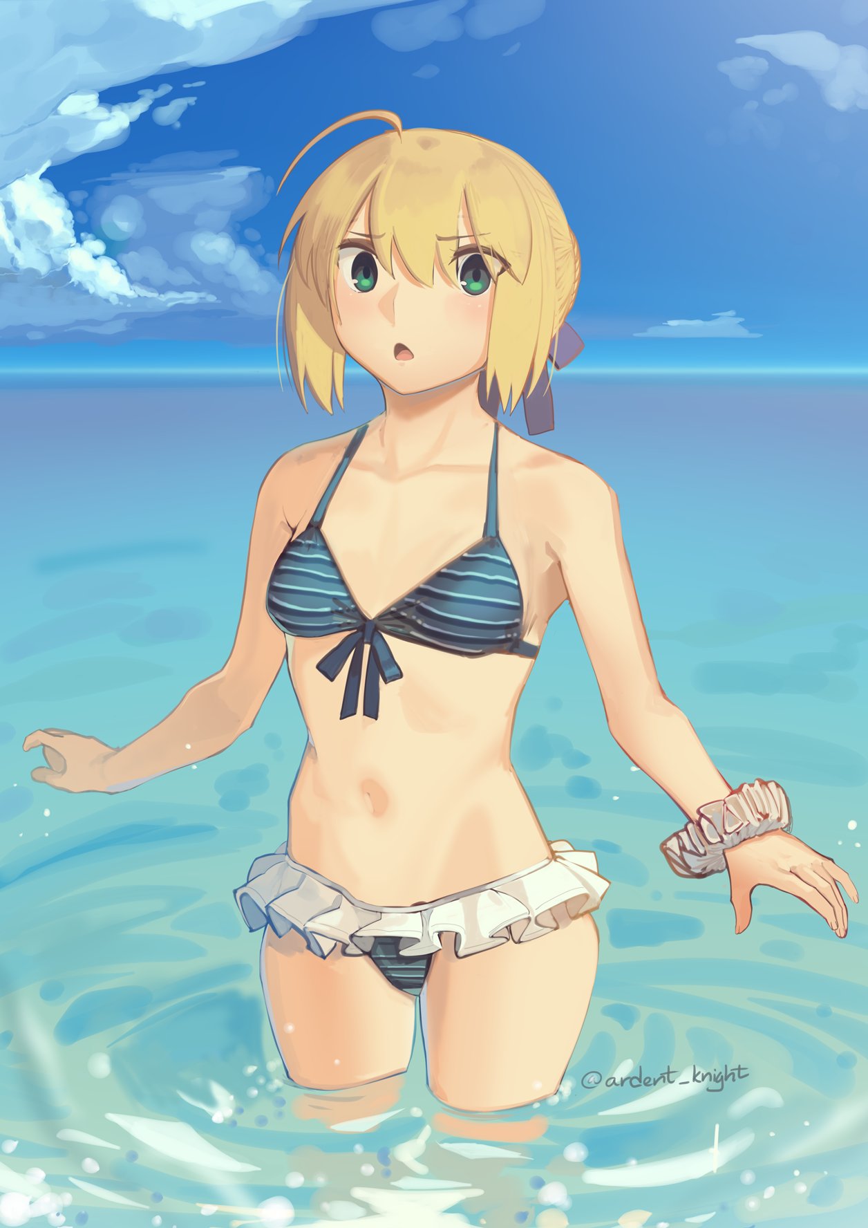 1girl ahoge artoria_pendragon_(all) bad_anatomy bikini blonde_hair blue_ribbon blue_sky boa_(brianoa) cloud day english_commentary fate/stay_night fate_(series) flat_chest frilled_bikini frills green_bikini green_eyes hair_ribbon highres horizon ocean open_mouth outdoors ribbon saber scrunchie sky soaking_feet solo standing striped striped_bikini swimsuit tied_hair triangle_mouth water