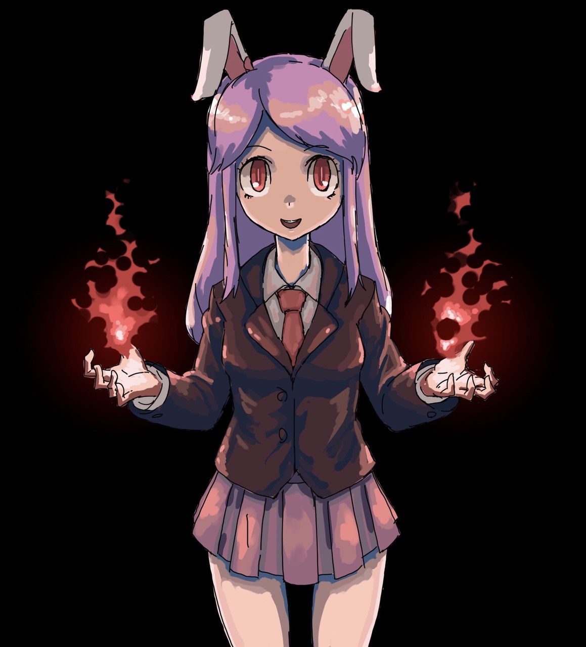 1girl animal_ears bangs black_background black_jacket bunny_ears commentary cookie_(touhou) cowboy_shot eyebrows_visible_through_hair fire highres hisui_(cookie) jacket long_hair looking_at_viewer magic necktie nob1109 open_mouth pink_skirt pleated_skirt purple_hair red_eyes red_neckwear reisen_udongein_inaba shirt simple_background skirt solo swept_bangs touhou white_shirt