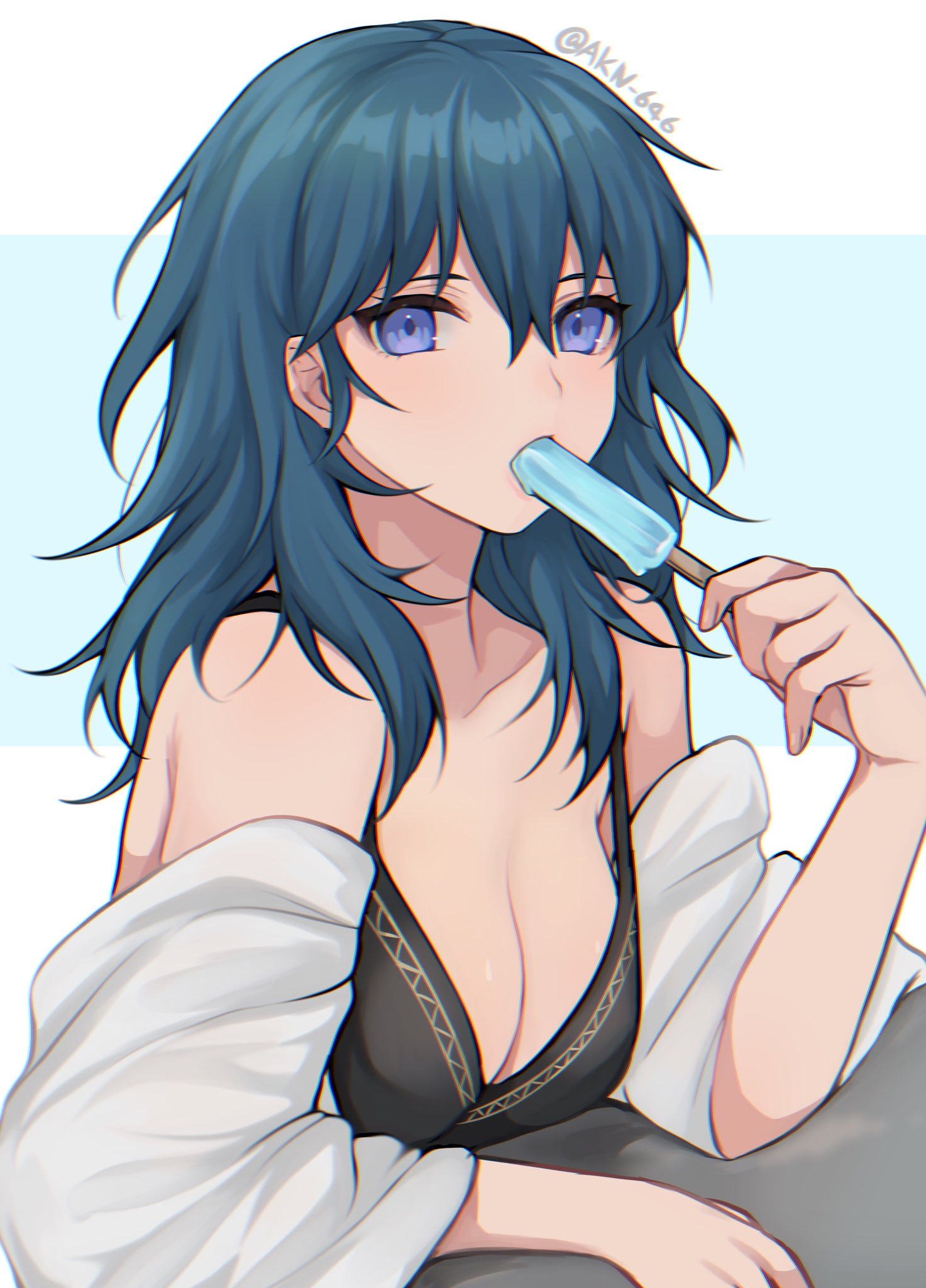 1girl bangs banned_artist bare_shoulders blue_eyes blue_hair breasts byleth_(fire_emblem) byleth_(fire_emblem)_(female) cleavage commentary fire_emblem fire_emblem:_three_houses food food_in_mouth hair_between_eyes hand_up highres holding holding_food long_hair looking_at_viewer medium_breasts off_shoulder popsicle shimizu_akina solo symbol_commentary upper_body