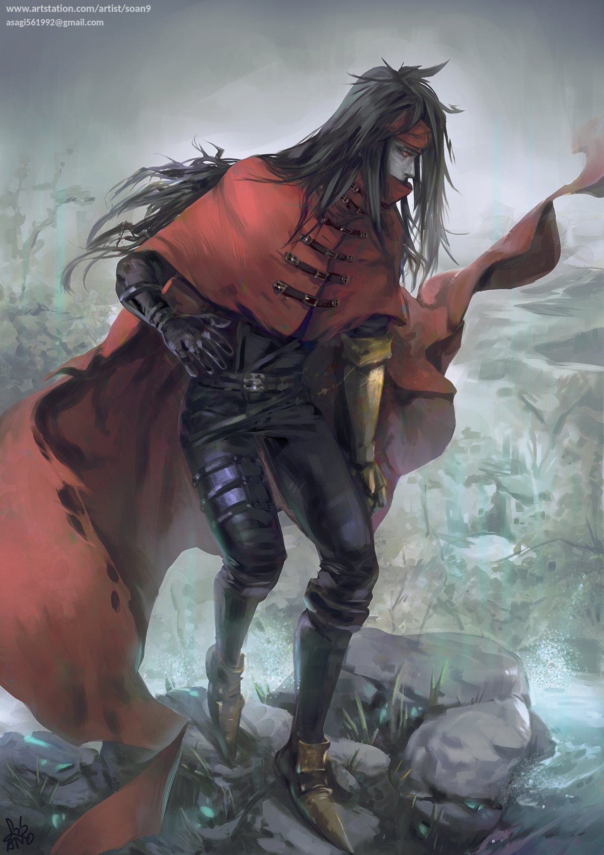 1boy black_hair cape clawed_gauntlets cloak final_fantasy final_fantasy_vii gloves headband hidden_mouth highres long_hair messy_hair outdoors pale_skin pointed_footwear red_cloak red_eyes red_headband soan9 vincent_valentine