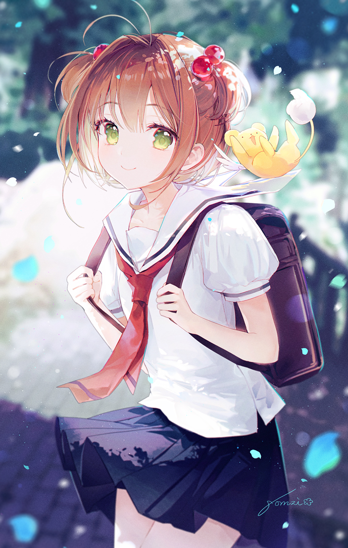 1girl backpack bag bangs black_skirt brown_hair cardcaptor_sakura clamp collarbone gomzi green_eyes hair_behind_ear hair_between_eyes hair_bobbles hair_ornament happy kero kinomoto_sakura looking_at_viewer outdoors pink_headwear puffy_short_sleeves puffy_sleeves ribbon ru school_uniform short_hair short_sleeves skirt smile solo standing wind wind_lift