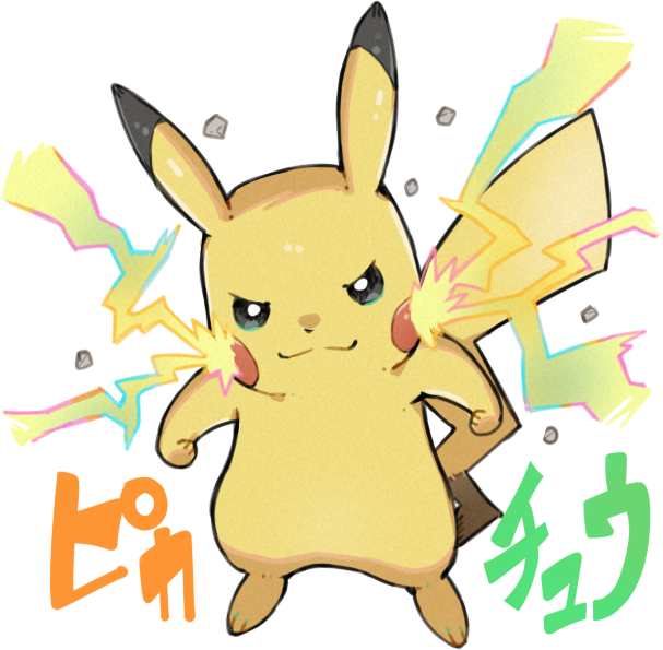black_eyes bright_pupils character_name closed_mouth commentary_request electricity full_body gen_1_pokemon haruken incoming_attack looking_at_viewer no_humans pikachu pokemon pokemon_(creature) rock shiny smile solo toes white_background white_pupils