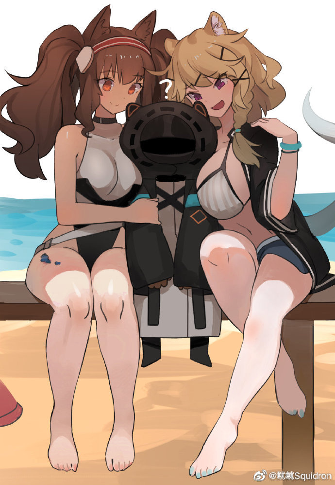 1other 2girls ? angelina_(arknights) animal_ear_fluff animal_ears aqua_nails arknights beach bench bikini black_choker black_coat blue_shorts breasts brown_hair choker cleavage coat collarbone commentary_request doctor_(arknights) fox_ears fox_girl full_body girl_sandwich grey_bikini hair_ornament hairband hooded_coat jewelry large_breasts long_hair long_sleeves looking_at_another multiple_girls navel necklace ocean off_shoulder one-piece_swimsuit open_clothes open_coat originium_arts_(arknights) outdoors purple_eyes red_hairband sandwiched short_shorts shorts sitting smile stomach string_bikini striped striped_bikini swimsuit tail thighs toenail_polish utage_(arknights) utage_(summer_flowers)_(arknights) virgosdf weibo_username white_swimsuit wide_sleeves wristband x_hair_ornament
