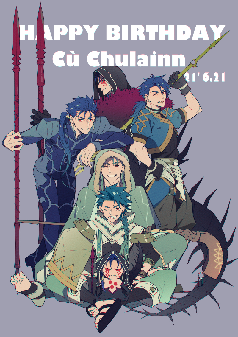 6+boys ;d arm_on_head armor asymmetrical_clothes bangs black_gloves blue_bodysuit blue_hair bodysuit braid character_name chest_tattoo chibi closed_eyes cu_chulainn_(caster)_(fate) cu_chulainn_(fate)_(all) cu_chulainn_(fate/prototype) cu_chulainn_(fate/stay_night) cu_chulainn_alter_(fate/grand_order) dated earrings facial_mark fangs fate/grand_order fate_(series) gae_bolg_(fate) gloves grin hair_over_shoulder hair_strand hand_on_hip happy_birthday holding holding_spear holding_weapon hood jewelry leaning_forward long_hair looking_at_viewer male_focus mini_cu-chan_(fate) mitsudomoe_(shape) monster_boy multiple_boys one_eye_closed open_mouth parted_bangs polearm ponytail purple_background red_eyes sandals setanta_(fate) simple_background single_braid smile spear spiked_tail tail tattoo thigh_gap toeless_legwear tomoe_(symbol) weapon x-r5xxxlove