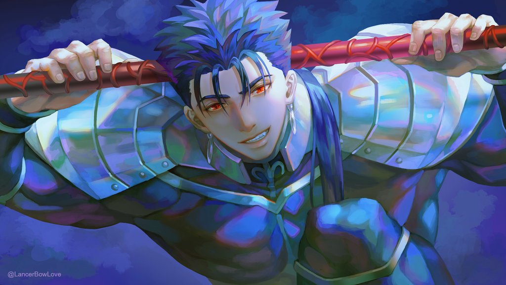 1boy armor blue_bodysuit blue_hair bodysuit closed_mouth cu_chulainn_(fate)_(all) cu_chulainn_(fate/stay_night) derivative_work earrings fang fate/stay_night fate_(series) gae_bolg_(fate) grin holding holding_polearm holding_weapon jewelry kim_yura_(goddess_mechanic) long_hair looking_at_viewer male_focus muscular muscular_male pauldrons polearm ponytail red_eyes screencap_redraw shoulder_armor skin_tight slit_pupils smile solo spiked_hair twitter_username weapon