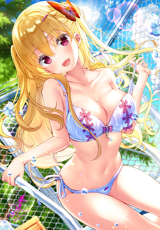 1girl :d bangs bare_shoulders blonde_hair blue_sky blush bra braid breasts butterfly_hair_ornament cleavage cloud collarbone commentary_request cowboy_shot day dutch_angle eyebrows_visible_through_hair fence french_braid fujima_takuya hair_between_eyes hair_ornament hairclip head_tilt large_breasts lens_flare long_hair looking_at_viewer midriff navel open_mouth original outdoors panties pool_ladder railing red_eyes side-tie_panties sidelocks signature sky smile solo standing strap_pull swimsuit tree twintails underwear water_drop white_bra white_panties