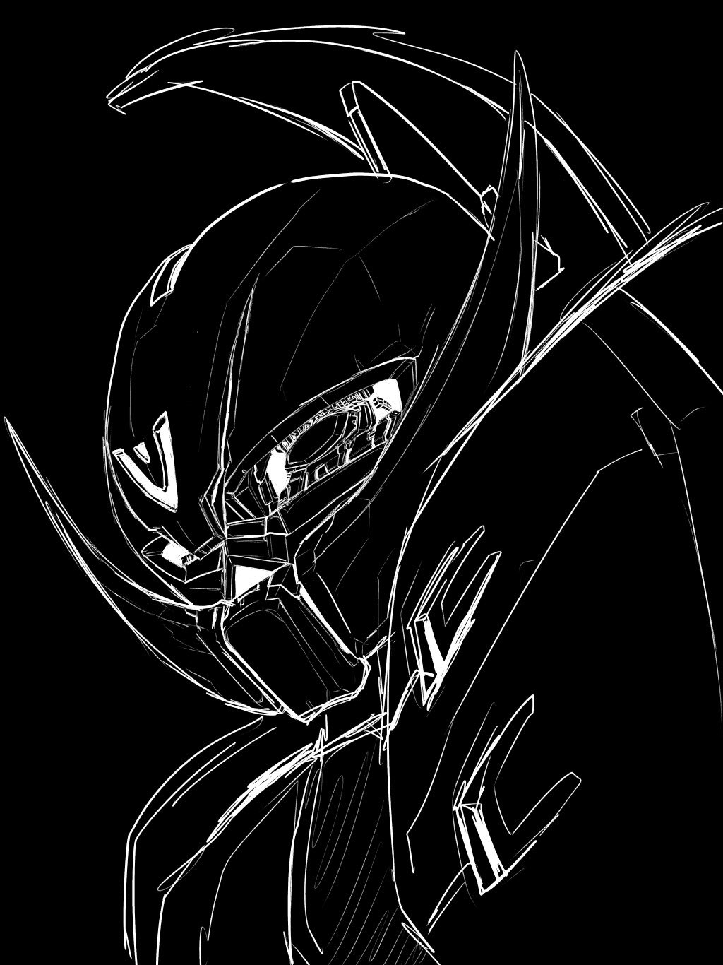 black_background greyscale gundam highres kuroiwa_cookie looking_ahead mecha mobile_suit monochrome negative no_humans science_fiction sketch solo turn_a_gundam turn_a_gundam_(mobile_suit) upper_body