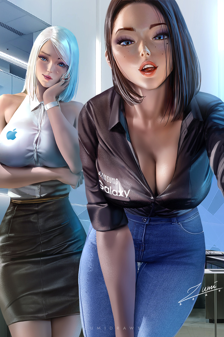 2girls apple_inc. bangs banned_artist black_hair black_shirt blue_eyes blue_pants blush breasts cleavage collarbone forehead large_breasts leaning_forward looking_at_viewer medium_hair mole mole_under_eye multiple_girls open_mouth pants parted_bangs samsung samsung_sam shirt white_hair zumi_(zumidraws)