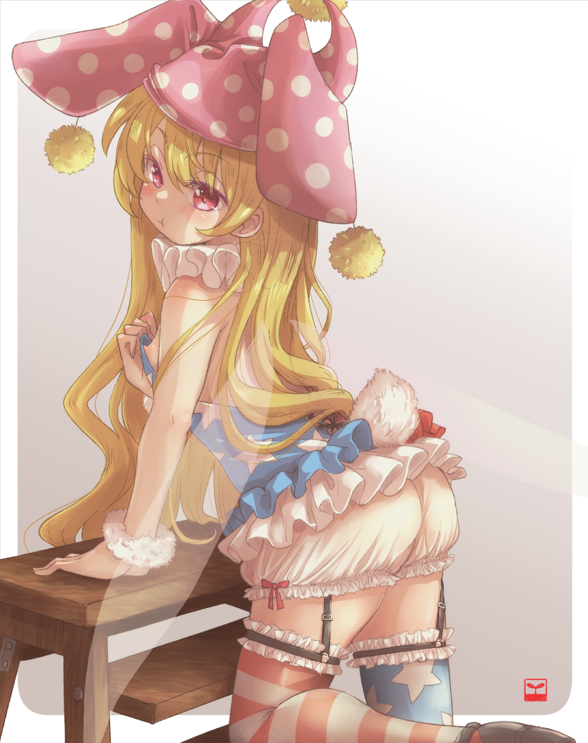 1girl ass blonde_hair bloomers breasts bunny_tail clownpiece fairy_wings fake_tail hat jester_cap long_hair looking_at_viewer nibi nipples pout small_breasts solo tail touhou underwear wings