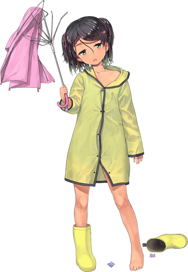 1girl barefoot black_hair braid collarbone full_body green_eyes jiji kantai_collection mole mole_under_eye official_art open_mouth pink_umbrella raincoat scirocco_(kancolle) shoes short_hair single_shoe smile tan transparent_background two_side_up umbrella wet wet_hair yellow_footwear yellow_raincoat