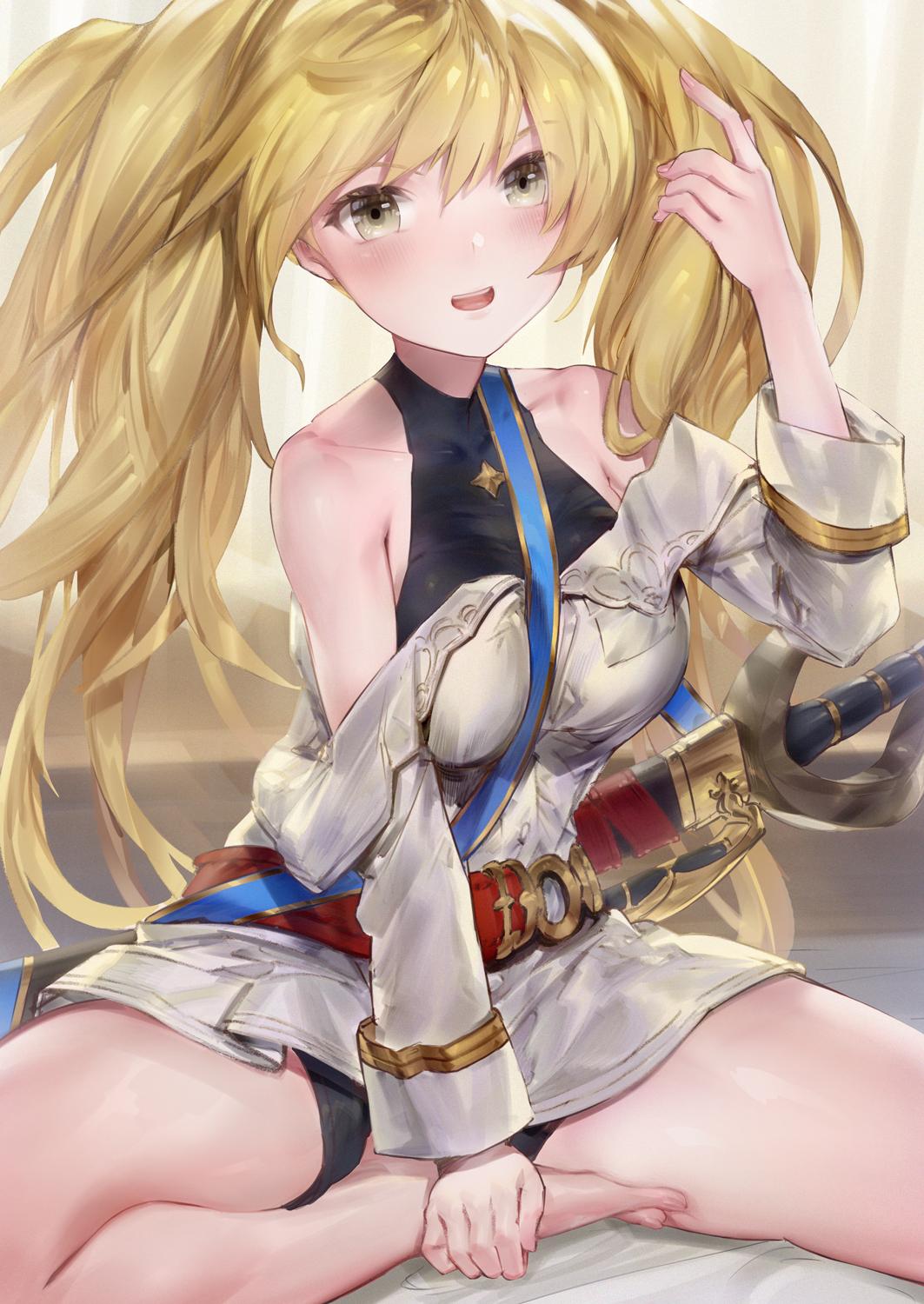 1girl adjusting_hair aos bare_legs bare_shoulders barefoot between_breasts bike_shorts blonde_hair blush breasts cutlass_(sword) granblue_fantasy grey_eyes halterneck highres indian_style large_breasts long_hair looking_at_viewer monika_weisswind off_shoulder open_mouth sheath sitting smile solo strap strap_between_breasts twintails wavy_hair