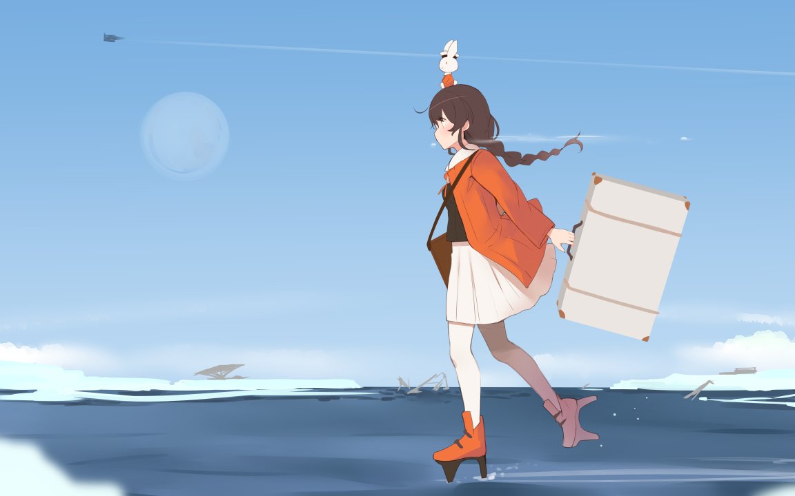 1girl animal_on_head bag bangs blush braid breasts briefcase brown_hair bunny bunny_on_head crossover day from_side holding ice jacket kantai_collection long_hair long_sleeves miffy miffy_(character) on_head orange_footwear orange_jacket outdoors pantyhose pleated_skirt profile rudder_footwear shin_(new) shoulder_bag sidelocks single_braid skirt sky small_breasts souya_(kancolle) water white_legwear white_skirt