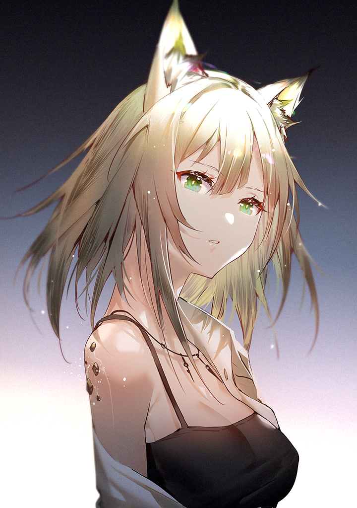 1girl animal_ear_fluff arknights black_tank_top breasts cleavage gradient gradient_background green_eyes green_hair jacket jewelry kal'tsit_(arknights) looking_at_viewer lynx_ears medium_breasts necklace off_shoulder oripathy_lesion_(arknights) short_hair solo tank_top upper_body white_jacket xion32