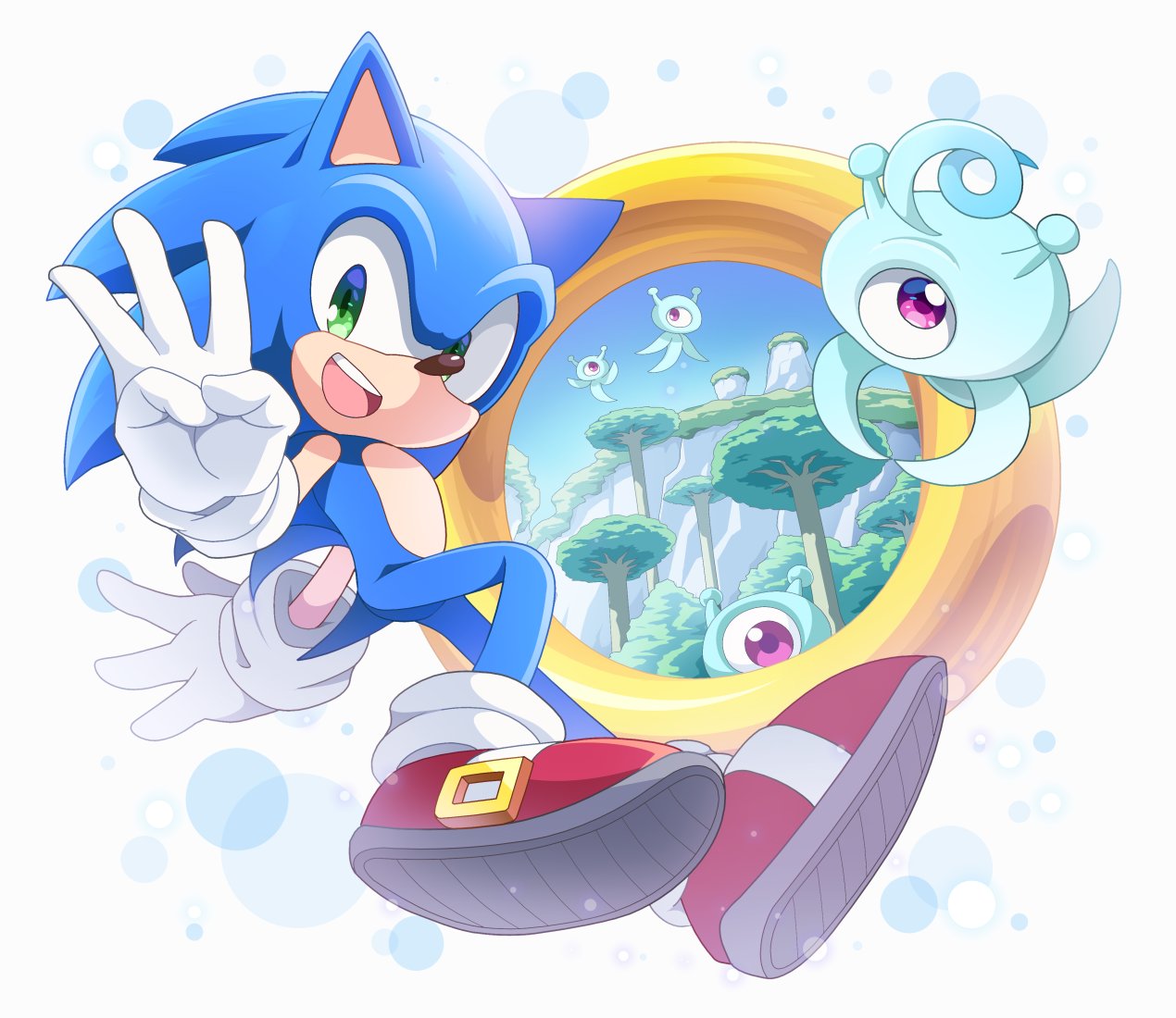 1boy :d animal_nose furry gloves green_eyes jewelry middle_w neru_(neruneruru) open_mouth ring shoes smile sneakers sonic_(series) sonic_colors sonic_the_hedgehog w white_gloves wisp_(sonic)