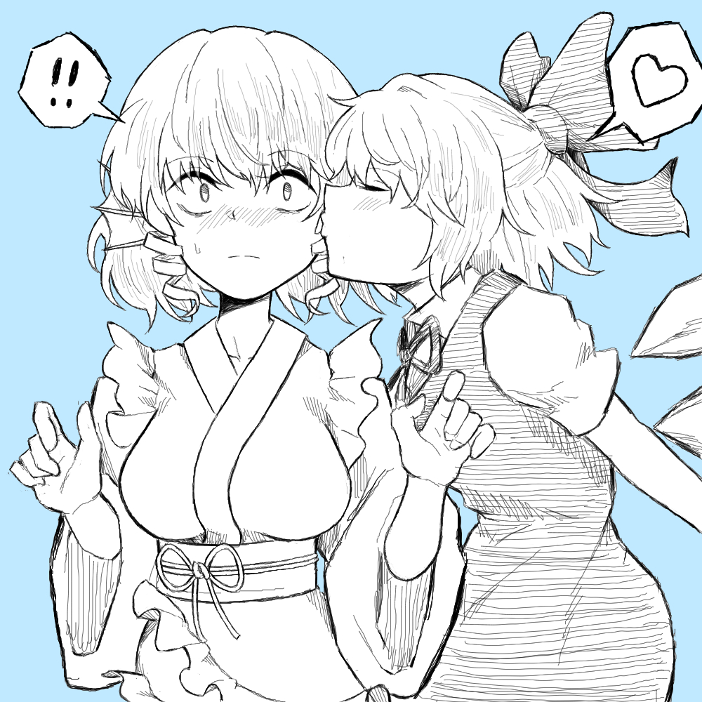 ! !! 2girls arms_behind_back bangs blue_background blush bow cheek_kiss cirno closed_eyes commentary drill_hair facing_another fe_(tetsu) hair_bow head_fins heart ice ice_wings japanese_clothes kimono kiss multiple_girls obi sash short_hair short_sleeves spoken_exclamation_mark spoken_heart sweat touhou upper_body wakasagihime wide_sleeves wings yuri