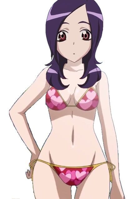 1girl 2010 :o absurdres artist_request bikini female fresh_precure! game_cg groin halterneck hand_on_hip higashi_setsuna highres long_hair looking_at_viewer lovely_bikini megami non-web_source official_art open_mouth precure purple_hair red_bikini red_eyes red_swimsuit simple_background skindentation solo swimsuit tomboy