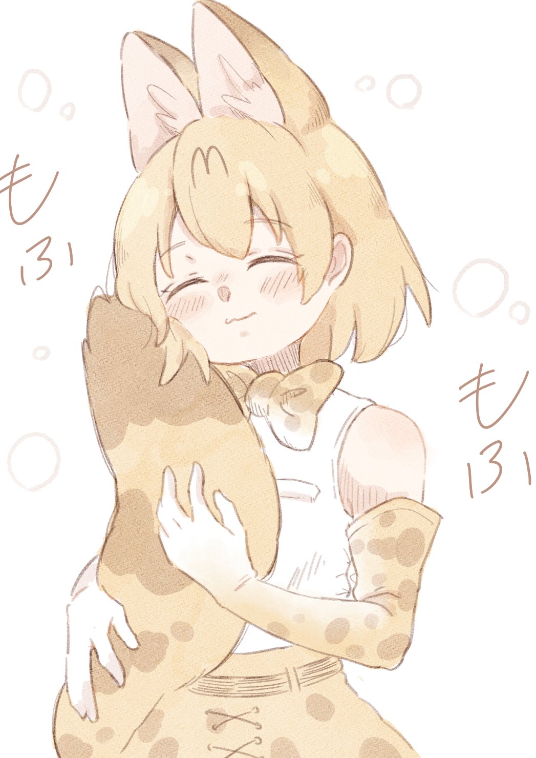 0nanaten 1girl animal_ears bare_shoulders blonde_hair blush bow bowtie closed_eyes commentary_request cowboy_shot elbow_gloves extra_ears gloves high-waist_skirt highres kemono_friends print_gloves print_neckwear print_skirt serval_(kemono_friends) serval_ears serval_girl serval_print serval_tail shirt short_hair skirt sleeveless solo tail tail_hug white_shirt