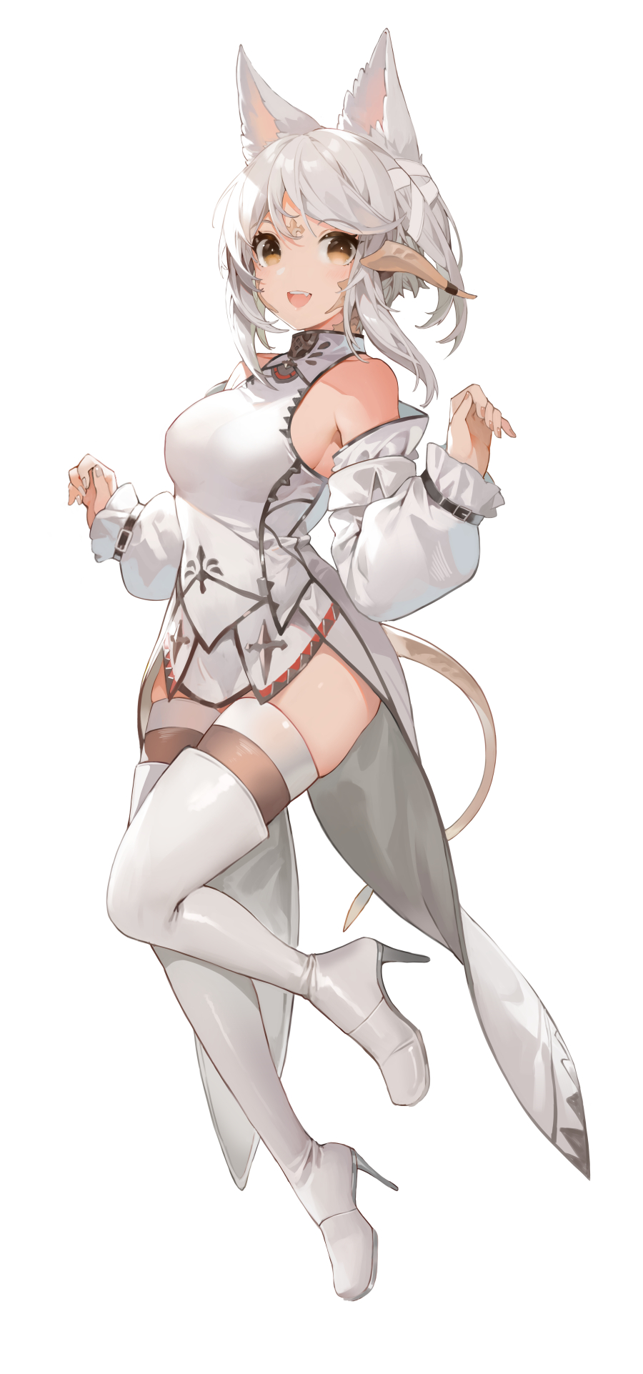 1girl :d akizone animal_ears au_ra breasts brown_eyes cheeze_(akizone) detached_sleeves eyebrows_visible_through_hair final_fantasy final_fantasy_xiv highres looking_at_viewer medium_breasts open_mouth original short_hair simple_background smile solo tail teeth thighhighs upper_teeth white_background white_hair white_legwear